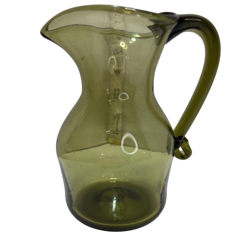 Jamestown Glasshouse Olive Green Hand Blown Colonial Reproduction Pitcher Vntg